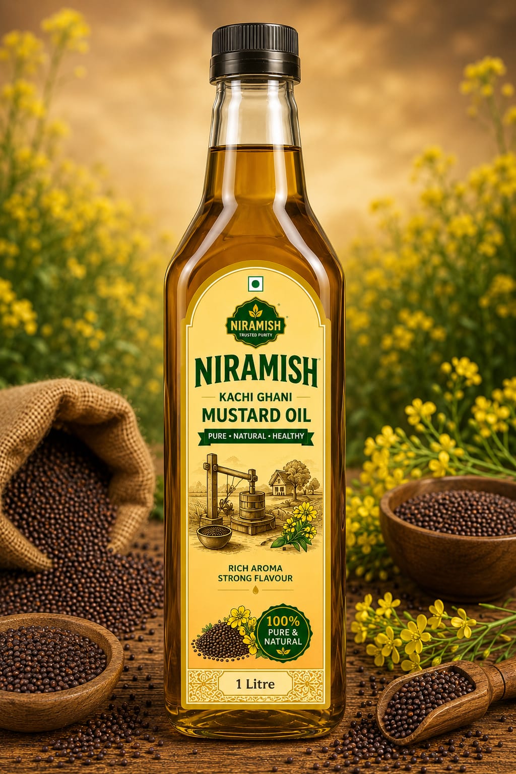 Niramish Kachi Ghani Mustard Oil bottle in a mustard field